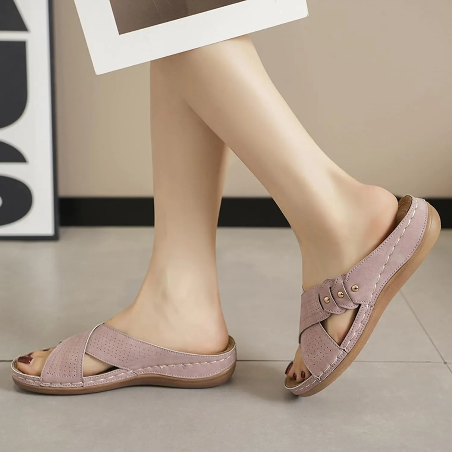 SuanlaTDS Orthopedic Wedge Sandals for Women Summer Dressy 2025 Open Toe Platform Casual Low Wedges Heels Arch Support Beach Dress Shoes Comfortable Outdoor Slip On Slide Walking Sandal
