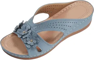 SuanlaTDS Wedge Sandals for Women Orthopedic Arch Support Platform Summer Dressy Flowers Open Toe Slip On Slides Comfortable Thick Sole Low Heel Beach Shoes Boho Elegant Wedges Slide Sandal
