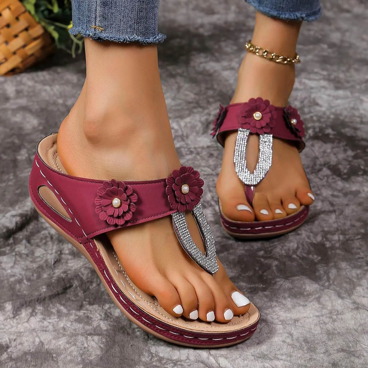 SuanlaTDS Wedge Sandals for Women Summer Dressy Open Toe Platform Wedges Slip On Orthopedic Sandals Comfortable Outdoor Beach Bohemia Casual Arch Support Low Heels Walking Shoes
