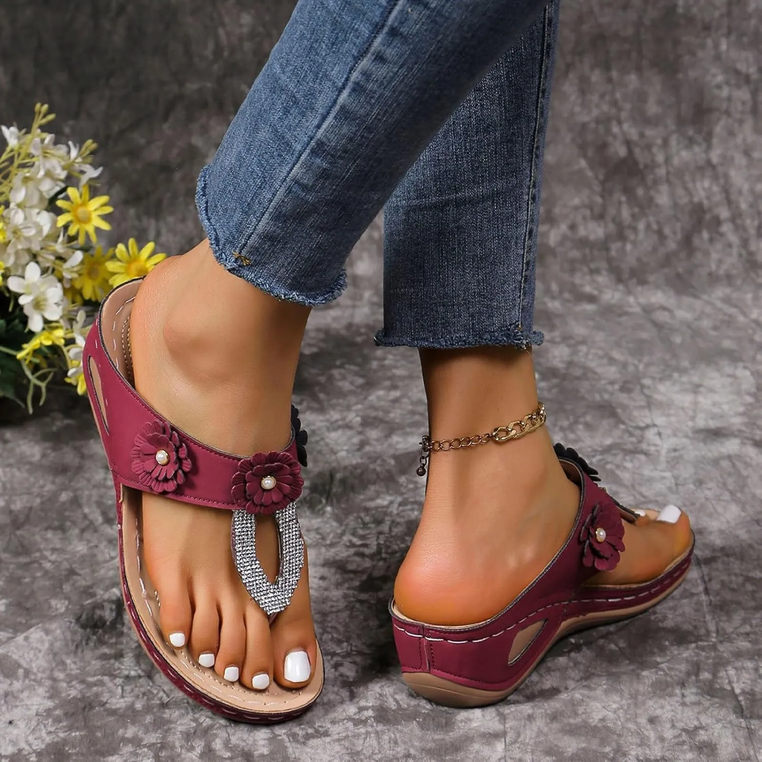 SuanlaTDS Wedge Sandals for Women Summer Dressy Open Toe Platform Wedges Slip On Orthopedic Sandals Comfortable Outdoor Beach Bohemia Casual Arch Support Low Heels Walking Shoes