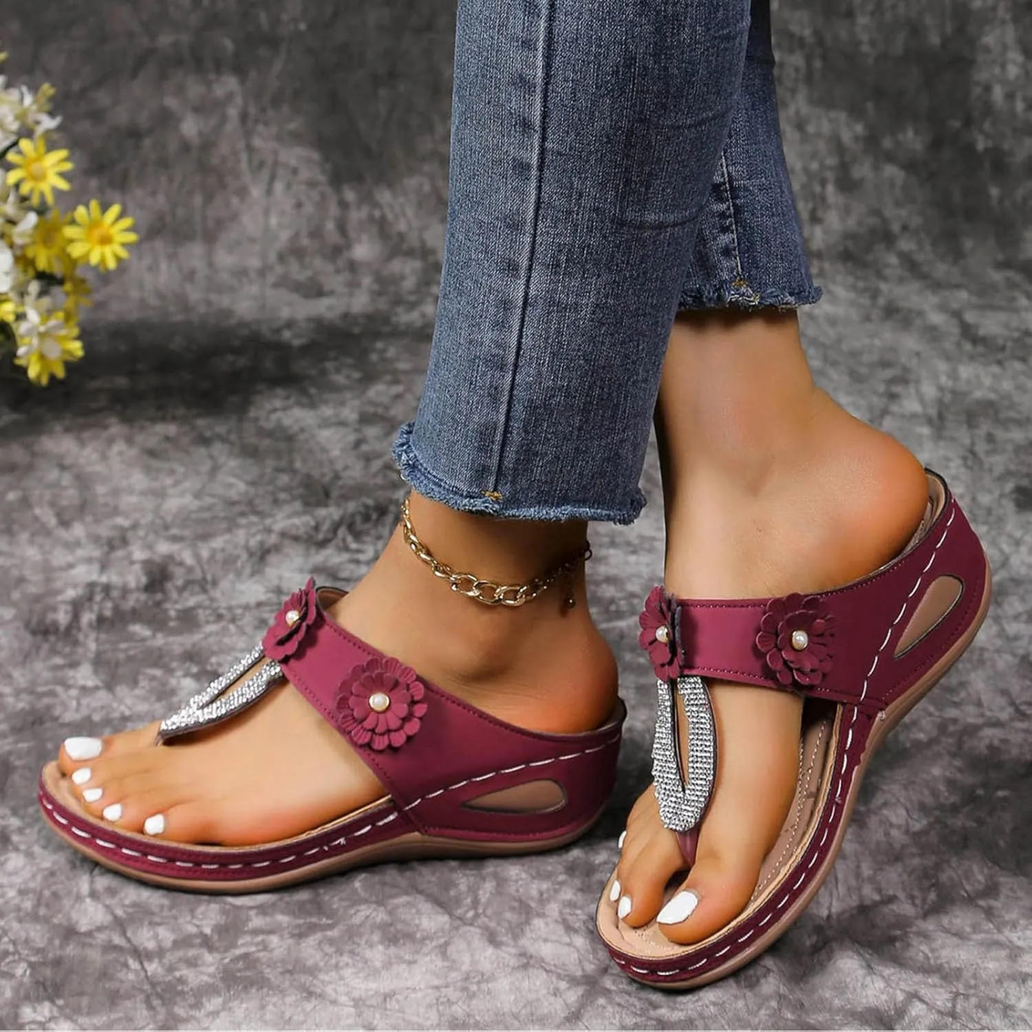 SuanlaTDS Wedge Sandals for Women Summer Dressy Open Toe Platform Wedges Slip On Orthopedic Sandals Comfortable Outdoor Beach Bohemia Casual Arch Support Low Heels Walking Shoes