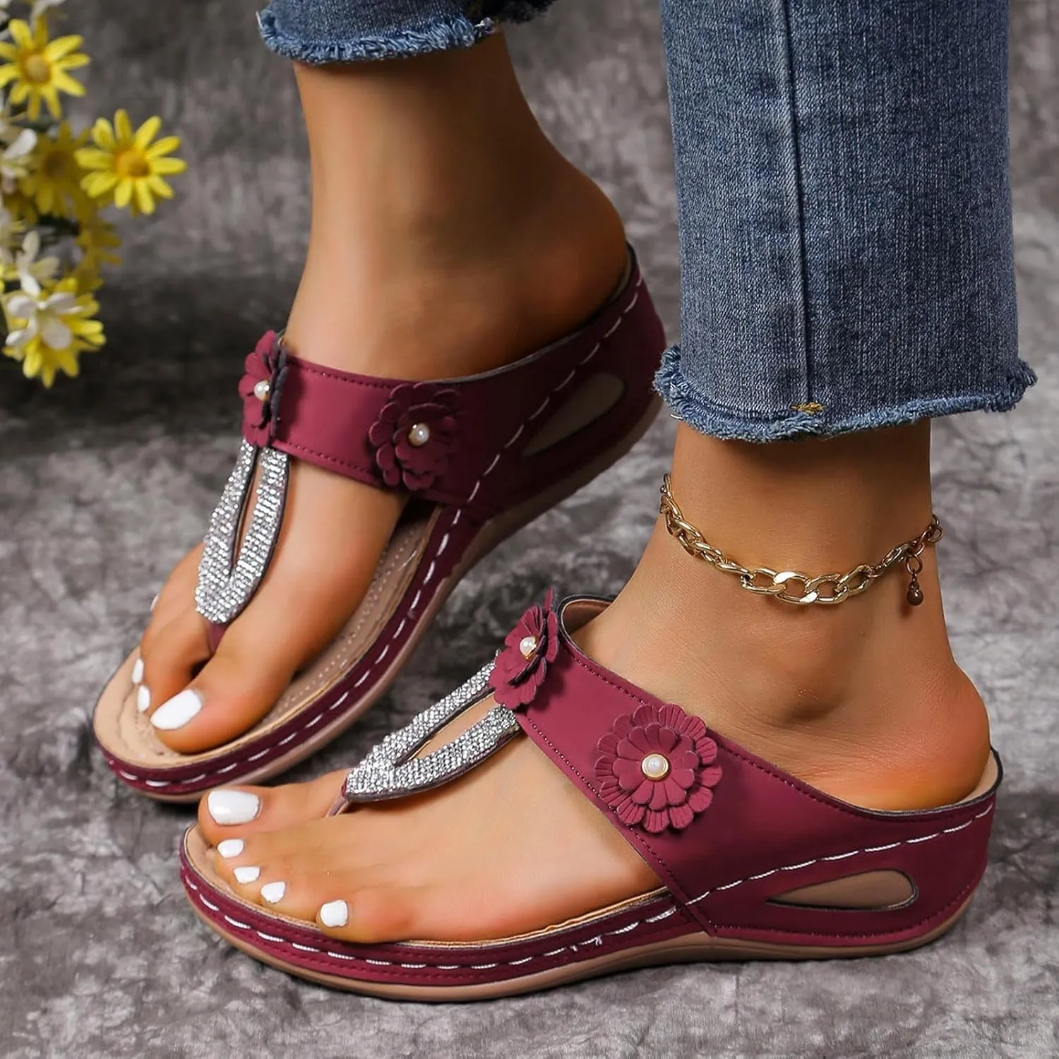 SuanlaTDS Wedge Sandals for Women Summer Dressy Open Toe Platform Wedges Slip On Orthopedic Sandals Comfortable Outdoor Beach Bohemia Casual Arch Support Low Heels Walking Shoes