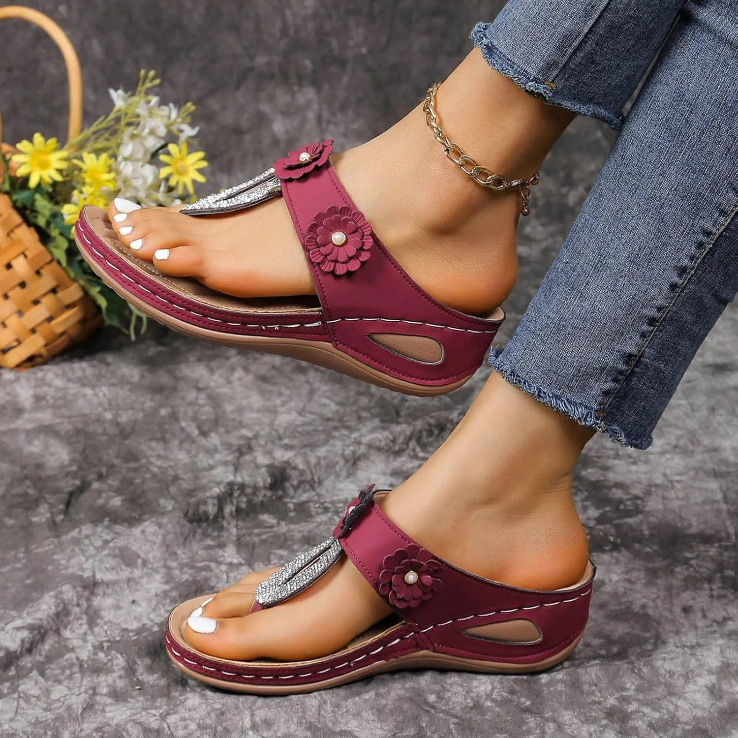 SuanlaTDS Wedge Sandals for Women Summer Dressy Open Toe Platform Wedges Slip On Orthopedic Sandals Comfortable Outdoor Beach Bohemia Casual Arch Support Low Heels Walking Shoes