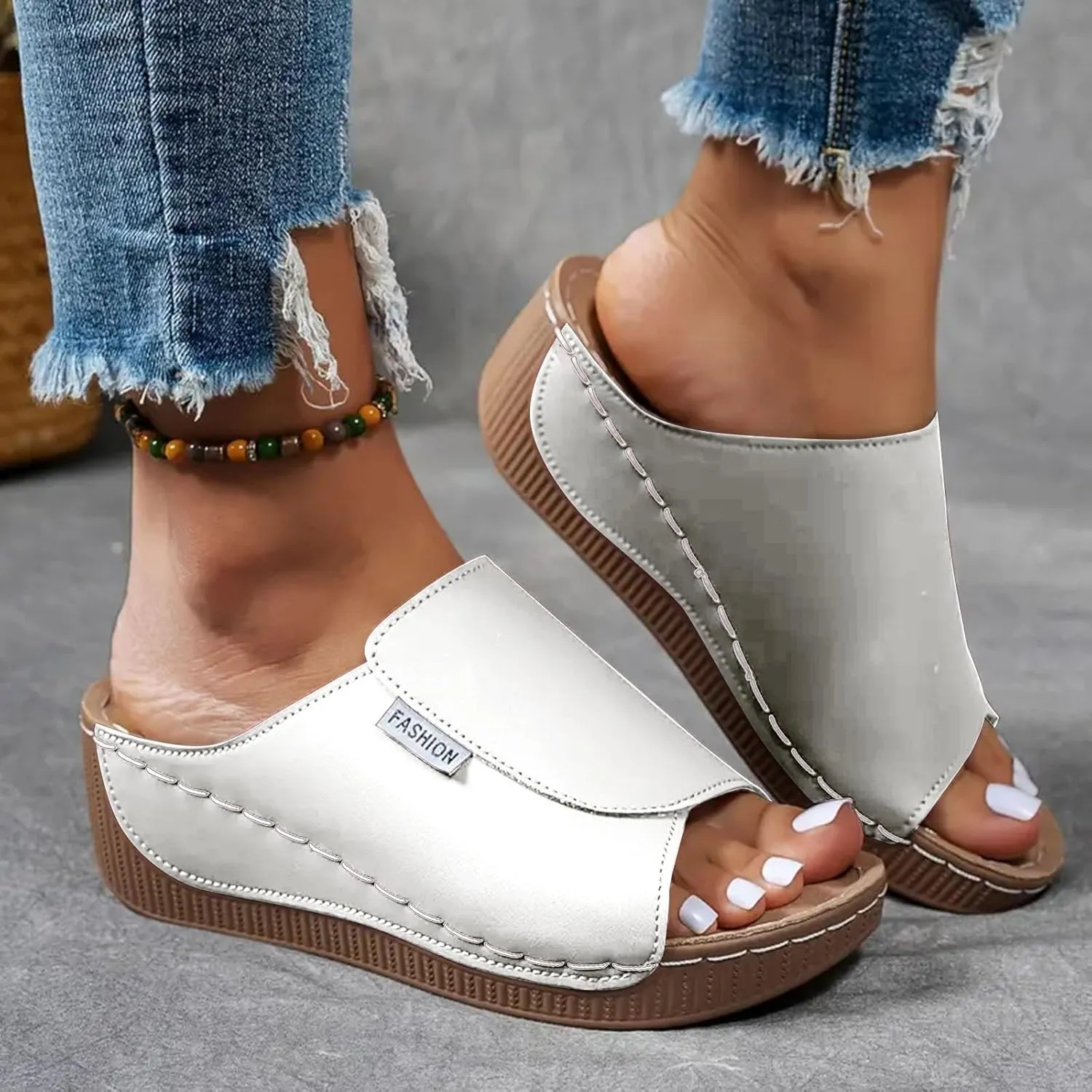 SuanlaTDS Women's Orthopedic Wedge Slide Sandals Platform Arch Support Comfortable Slip On Open Toe High Heels Slide Sandal Casual Summer Shoes Outdoor Elegant Dressy Walking Slippers