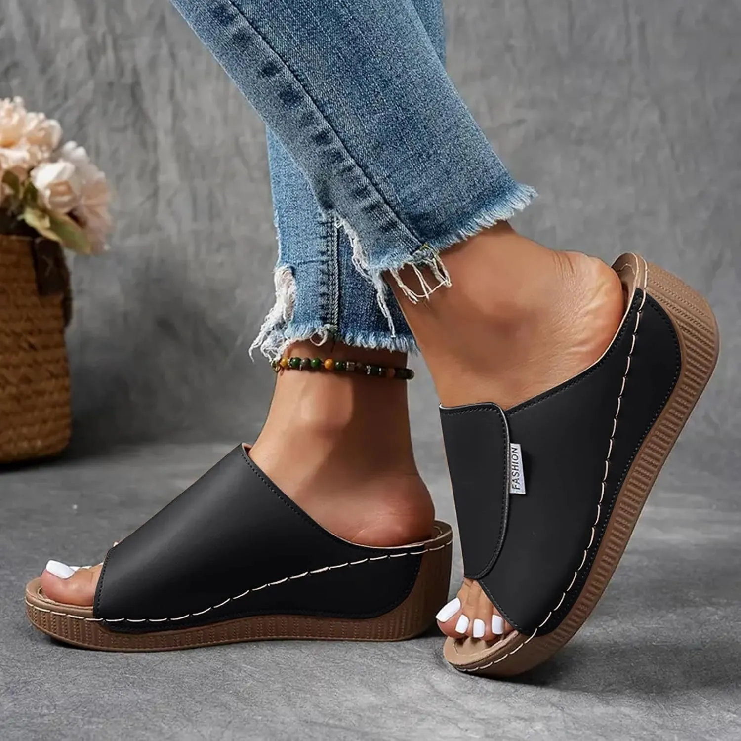 SuanlaTDS Women's Orthopedic Wedge Slide Sandals Platform Arch Support Comfortable Slip On Open Toe High Heels Slide Sandal Casual Summer Shoes Outdoor Elegant Dressy Walking Slippers