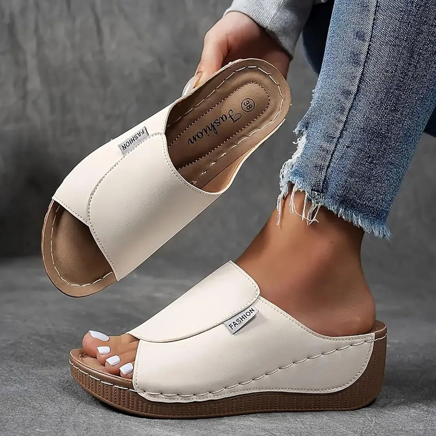 SuanlaTDS Women's Orthopedic Wedge Slide Sandals Platform Arch Support Comfortable Slip On Open Toe High Heels Slide Sandal Casual Summer Shoes Outdoor Elegant Dressy Walking Slippers