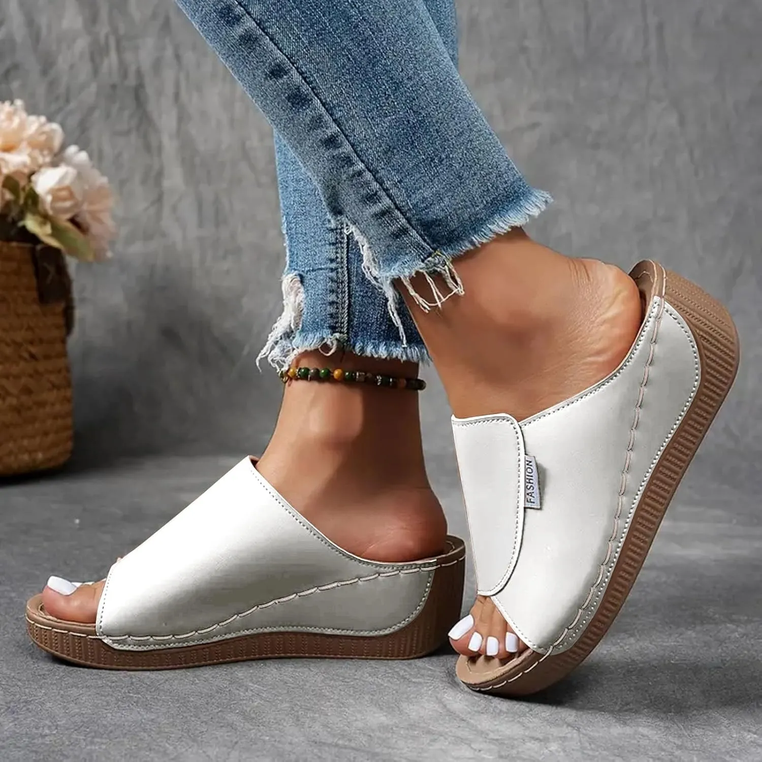 SuanlaTDS Women's Orthopedic Wedge Slide Sandals Platform Arch Support Comfortable Slip On Open Toe High Heels Slide Sandal Casual Summer Shoes Outdoor Elegant Dressy Walking Slippers