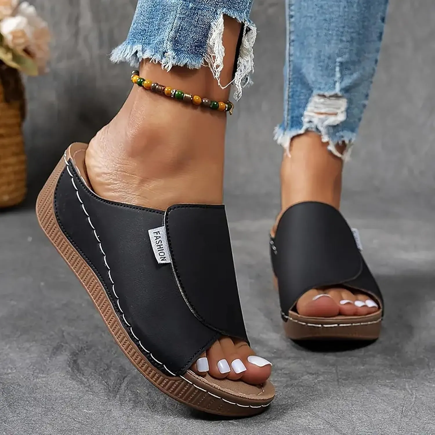 SuanlaTDS Women's Orthopedic Wedge Slide Sandals Platform Arch Support Comfortable Slip On Open Toe High Heels Slide Sandal Casual Summer Shoes Outdoor Elegant Dressy Walking Slippers