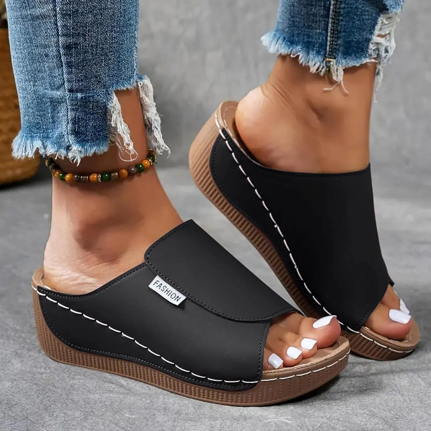 SuanlaTDS Women's Orthopedic Wedge Slide Sandals Platform Arch Support Comfortable Slip On Open Toe High Heels Slide Sandal Casual Summer Shoes Outdoor Elegant Dressy Walking Slippers