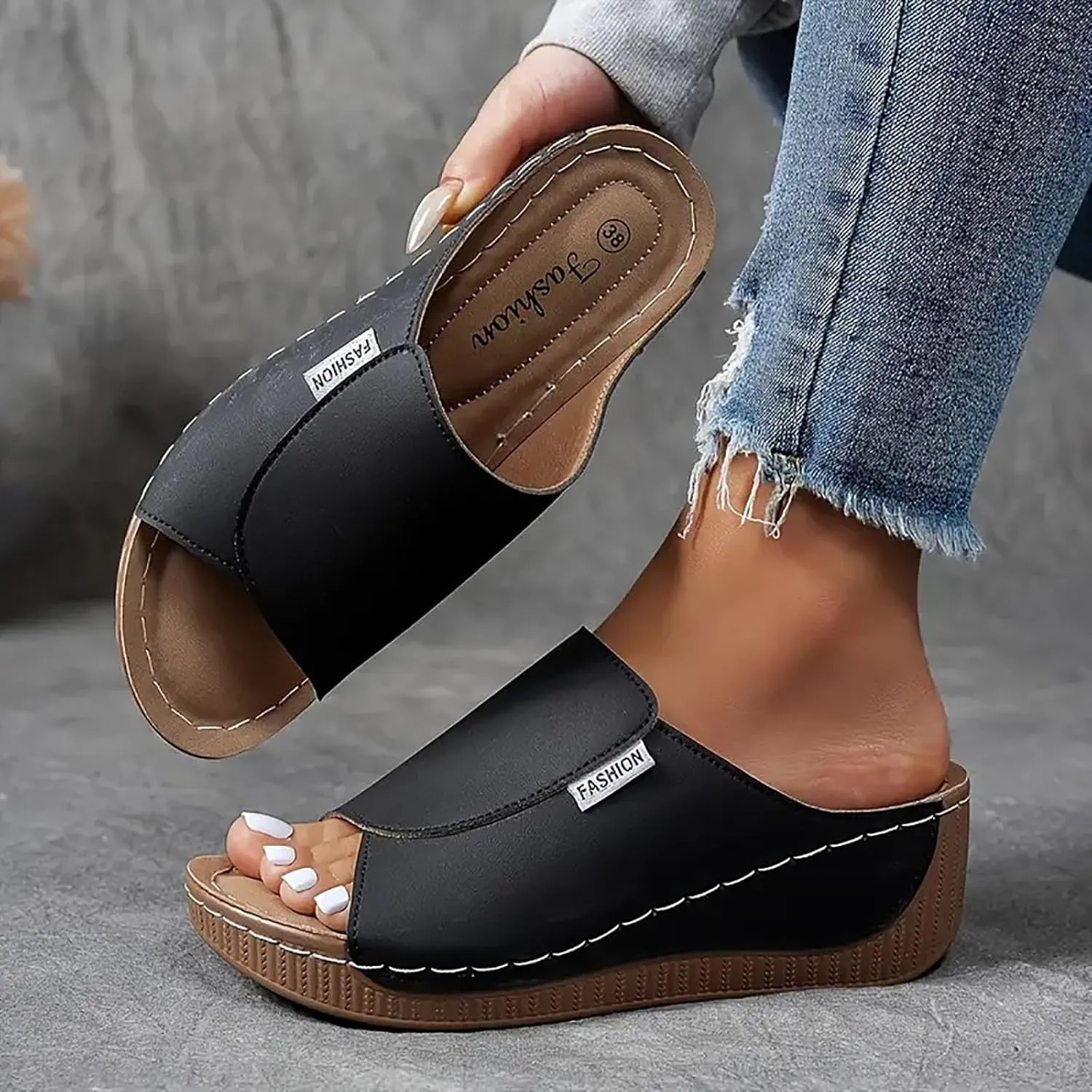 SuanlaTDS Women's Orthopedic Wedge Slide Sandals Platform Arch Support Comfortable Slip On Open Toe High Heels Slide Sandal Casual Summer Shoes Outdoor Elegant Dressy Walking Slippers
