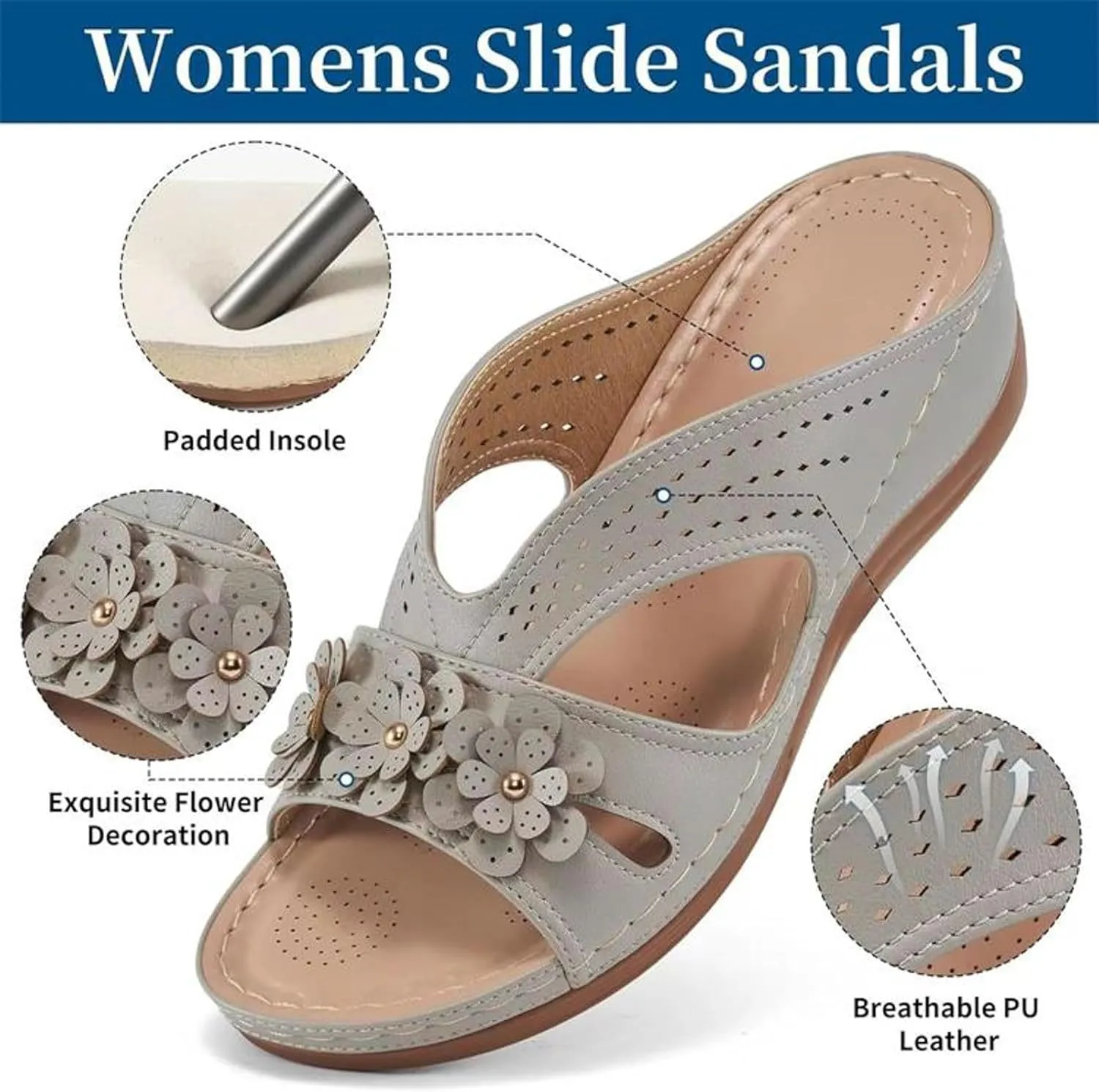 SuanlaTDS Womens Sandals Comfortable Wedge Platform Slip On Slide Sandals Dressy Casual Summer Beach Shoes Open Toe Low Wedges Heels Wide Width Arch Support Orthopedic Sandals
