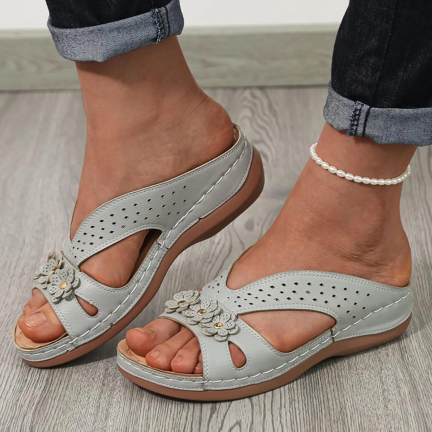 SuanlaTDS Womens Sandals Comfortable Wedge Platform Slip On Slide Sandals Dressy Casual Summer Beach Shoes Open Toe Low Wedges Heels Wide Width Arch Support Orthopedic Sandals