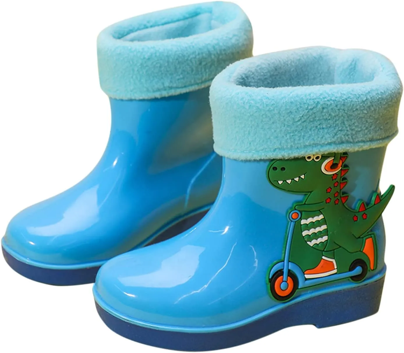 Unisex Child Fleece Lined Waterproof Rain Boots Cute Dinosaur Cartoon Lightweight Toddler Winter Rubber Boots