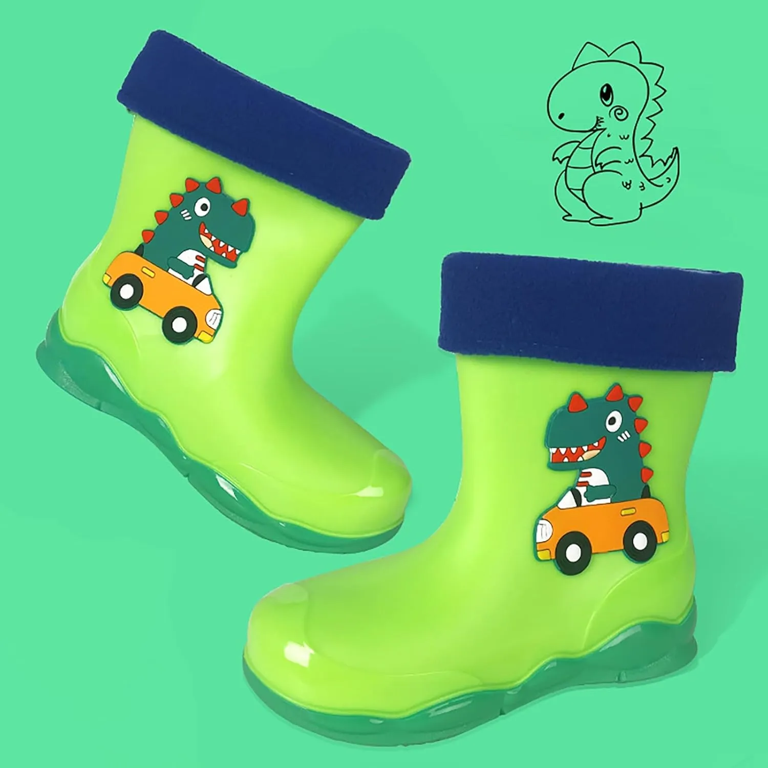 Unisex-Child Kids Rubber Waterproof Rain Boot for Boys and Girls Cute Dinosaur Cartoon Rain Shoes Mud Toddler Slippers