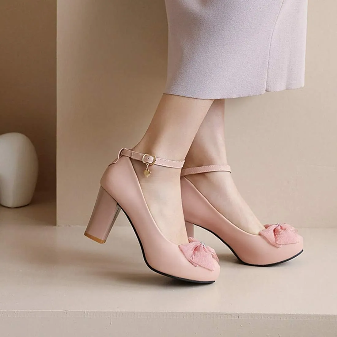 VOKLIN Women's Girls Lolita Ankle Strap Mary Jane Pumps Sweet Bow Block High Heel Princess Oxford Dress Shoes
