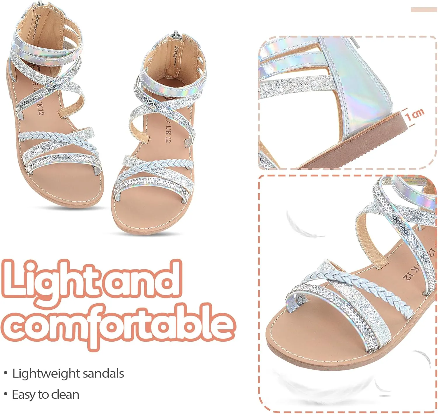 Vonair Girls Gladiator Sandals Cute Strappy Sandals with Zipper Summer Shoes for Little/Big Kids
