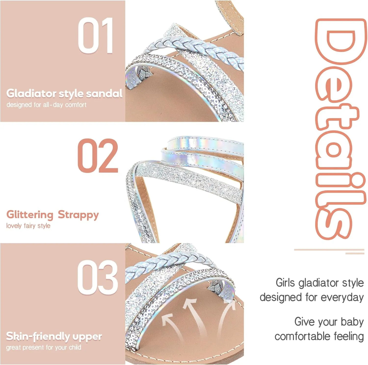 Vonair Girls Gladiator Sandals Cute Strappy Sandals with Zipper Summer Shoes for Little/Big Kids