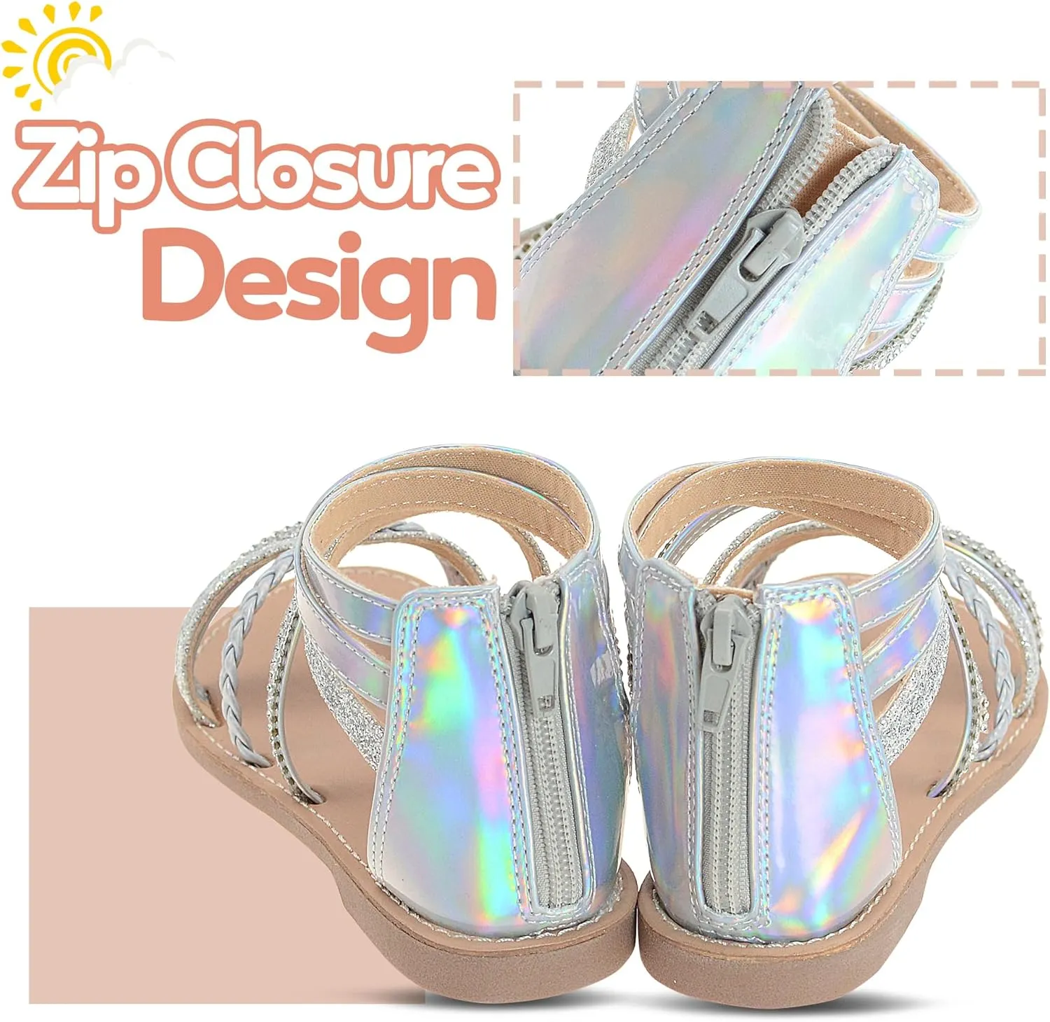 Vonair Girls Gladiator Sandals Cute Strappy Sandals with Zipper Summer Shoes for Little/Big Kids
