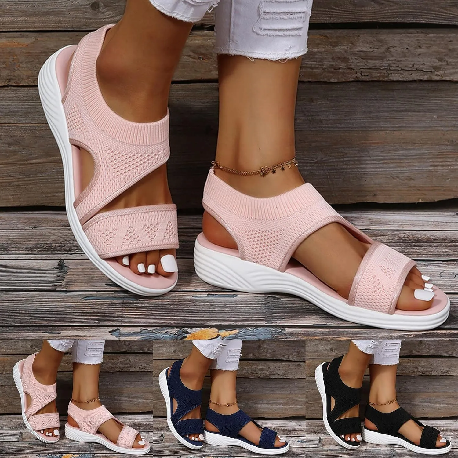 Walking Sandals Women Comfort Arch Support Orthopedic Sandals Slip On Wedge Sandals Adjustable Ankle Strap Sandals