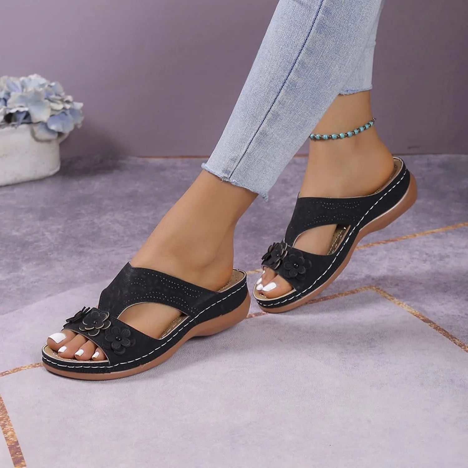 Wedge Orthopedic Sandals for Women Fishmouth Hollow Out Stylish Breathable Wedge Sandals Floral High Heeled Flat Wedge Slippers Summer Outdoor Walking Wedge Shoes