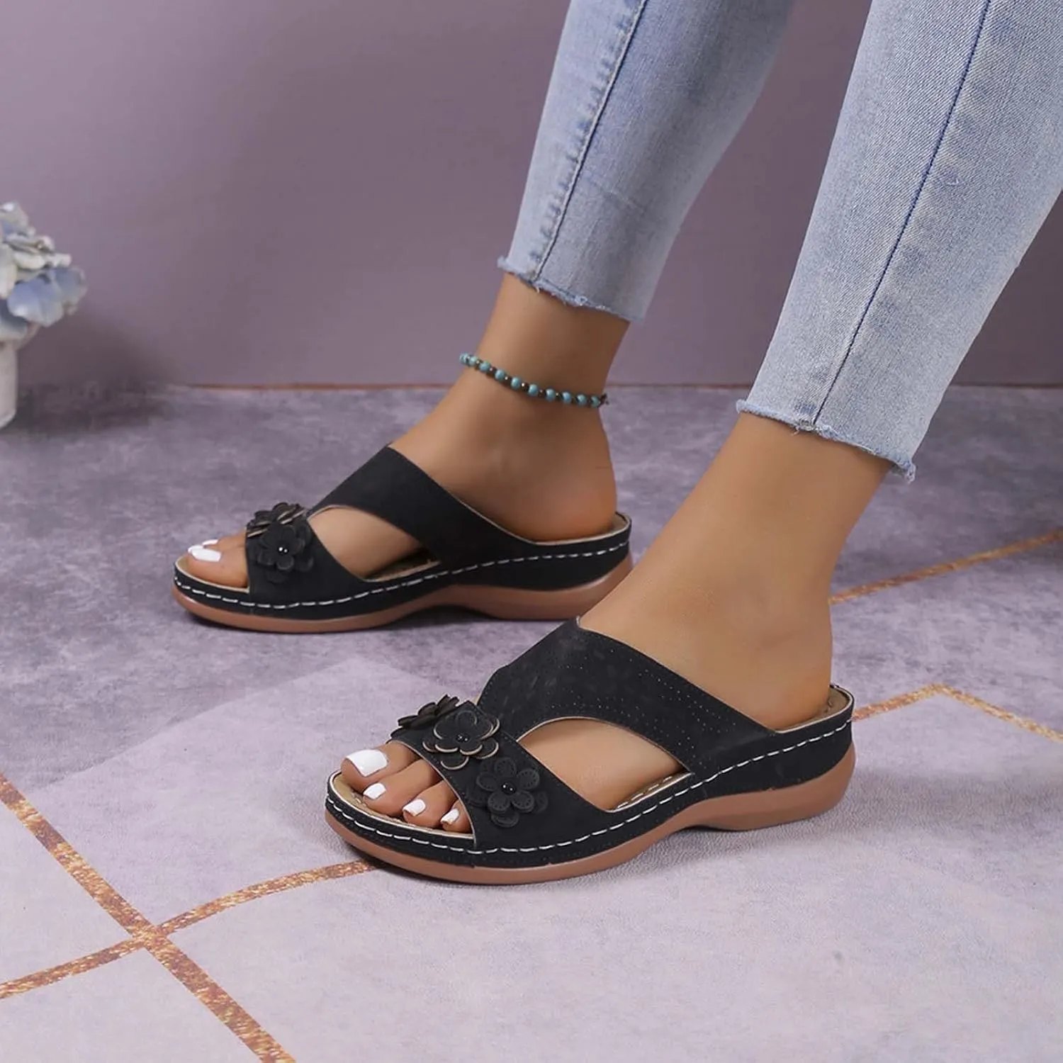 Wedge Orthopedic Sandals for Women Fishmouth Hollow Out Stylish Breathable Wedge Sandals Floral High Heeled Flat Wedge Slippers Summer Outdoor Walking Wedge Shoes