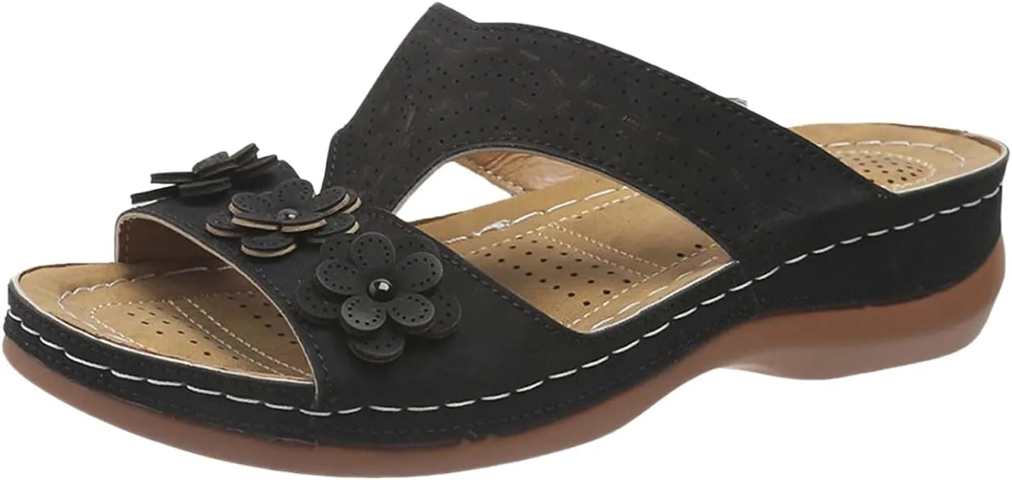 Wedge Orthopedic Sandals for Women Fishmouth Hollow Out Stylish Breathable Wedge Sandals Floral High Heeled Flat Wedge Slippers Summer Outdoor Walking Wedge Shoes