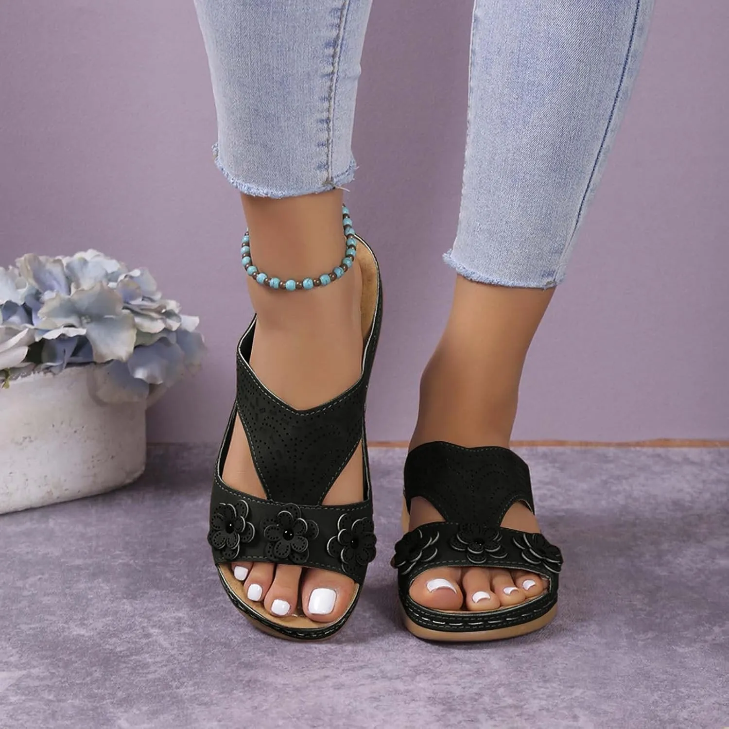 Wedge Orthopedic Sandals for Women Fishmouth Hollow Out Stylish Breathable Wedge Sandals Floral High Heeled Flat Wedge Slippers Summer Outdoor Walking Wedge Shoes