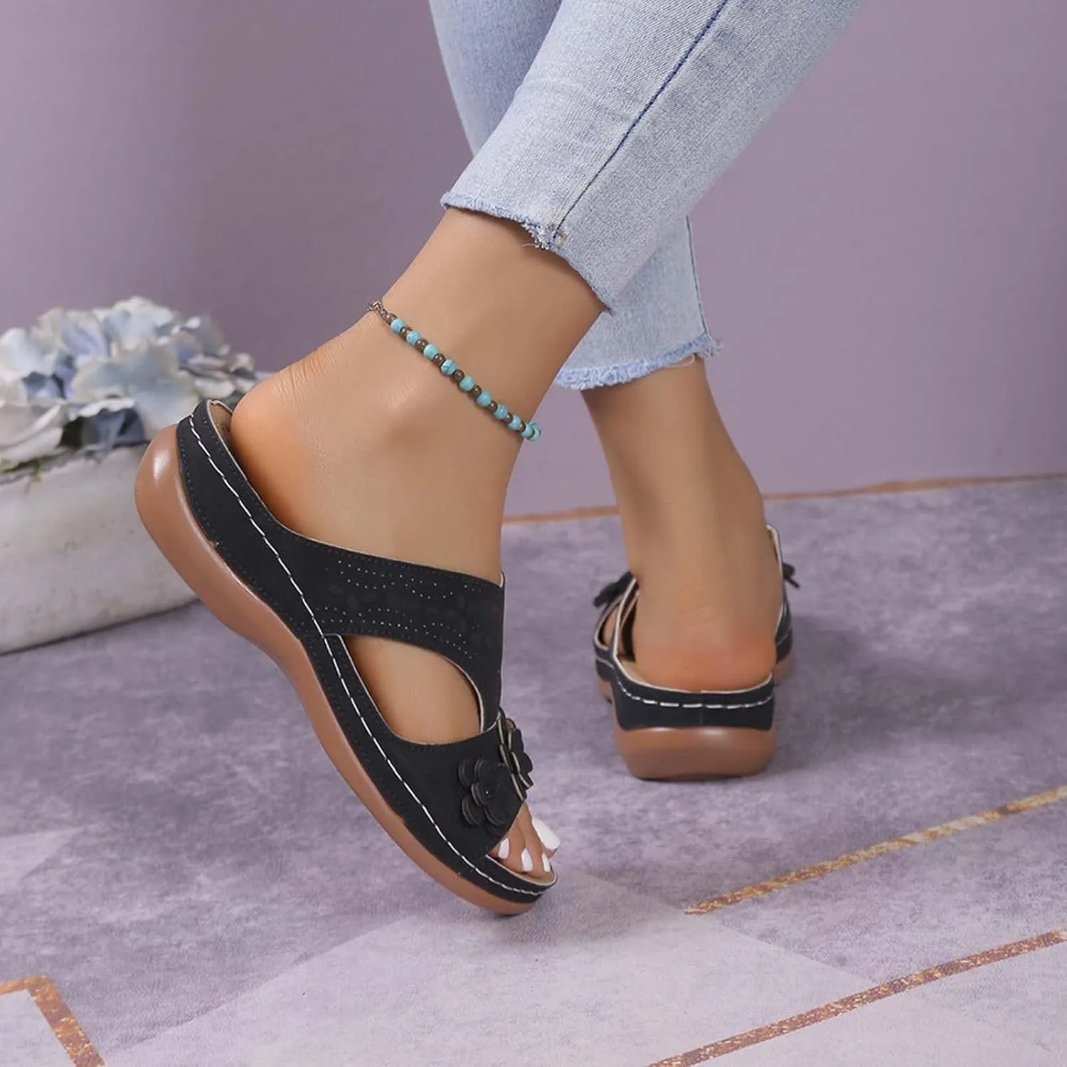 Wedge Orthopedic Sandals for Women Fishmouth Hollow Out Stylish Breathable Wedge Sandals Floral High Heeled Flat Wedge Slippers Summer Outdoor Walking Wedge Shoes