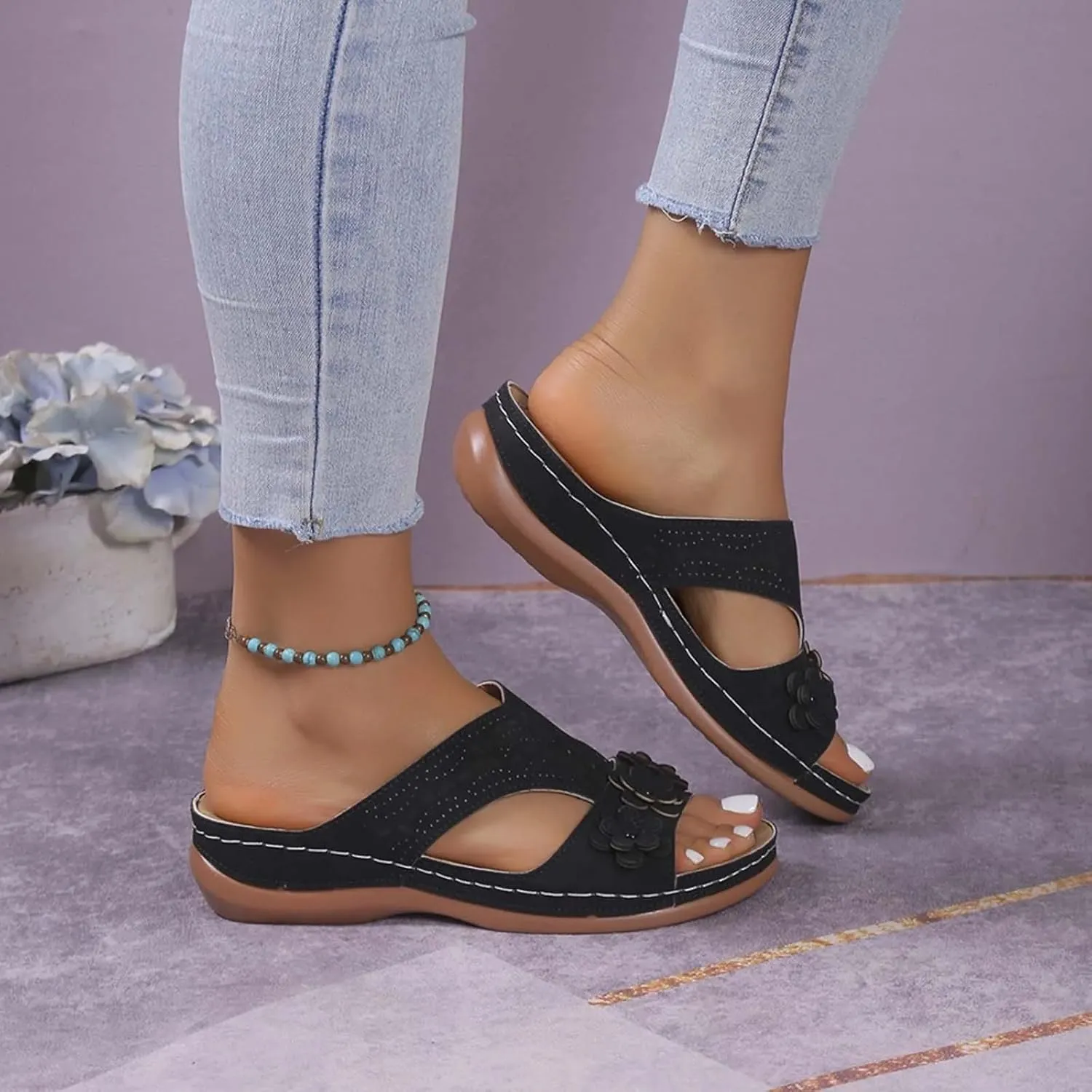 Wedge Orthopedic Sandals for Women Fishmouth Hollow Out Stylish Breathable Wedge Sandals Floral High Heeled Flat Wedge Slippers Summer Outdoor Walking Wedge Shoes