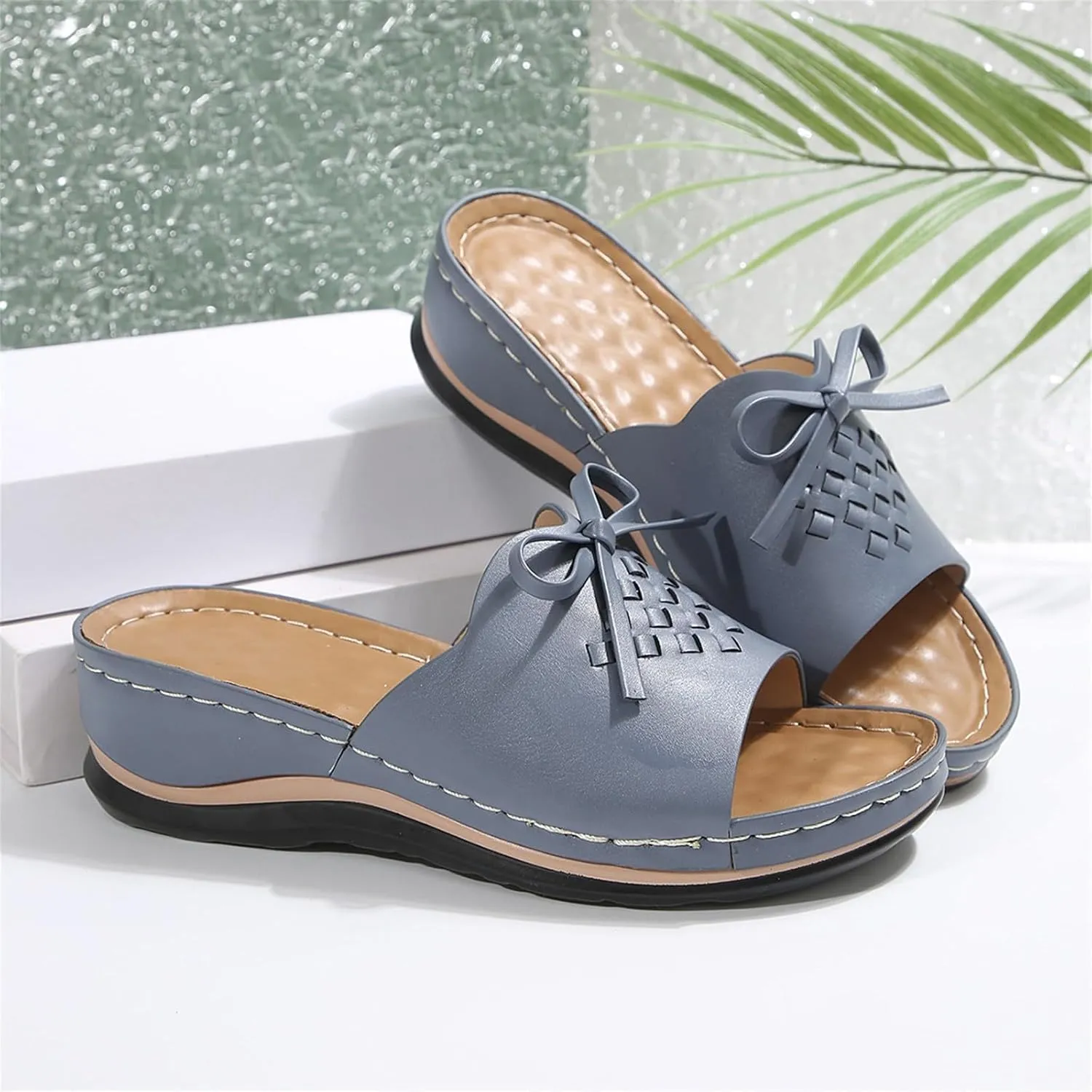 Wedge Sandals for Women 2025 Summer Arch Support Orthopedic Slippers, Bow Knot Decor Fish Mouth Sandals Open Toe Slip on Slippers Casual Walking Beach Slipper All Day Comfort