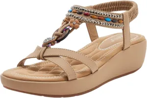 Wedge Sandals for Women Casual Platform Sandals Orthopedic Comfortable Jeweled Beaded Sandal Ankle Strap Summer Beach Shoes