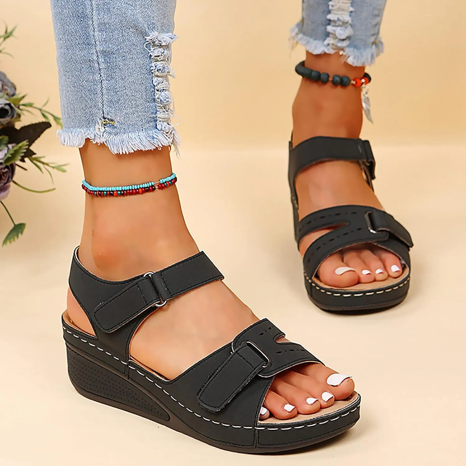 Wedge Sandals for Women Comfortable Orthopedic Sandals for Women 2024 Open Toe Thick Soled Sandals with Buckle Strap