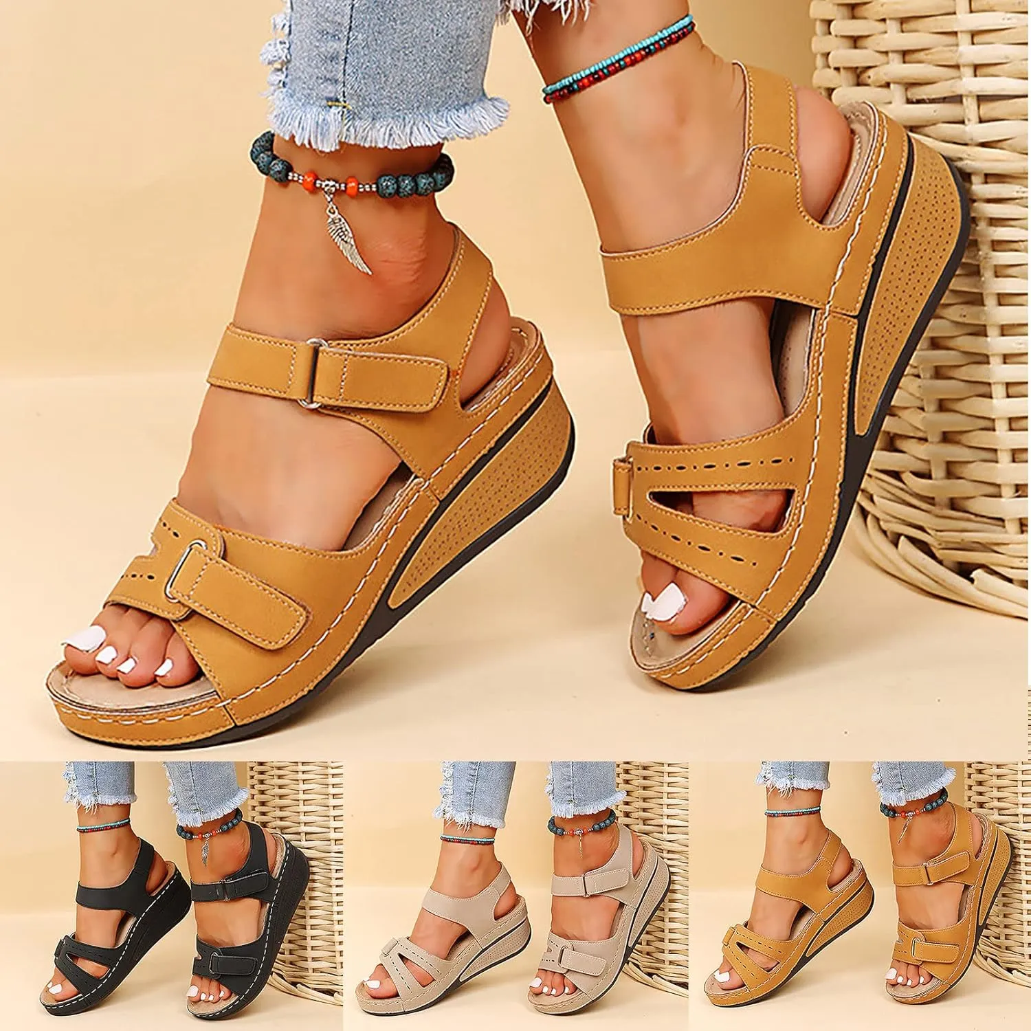 Wedge Sandals for Women Comfortable Orthopedic Sandals for Women 2024 Open Toe Thick Soled Sandals with Buckle Strap