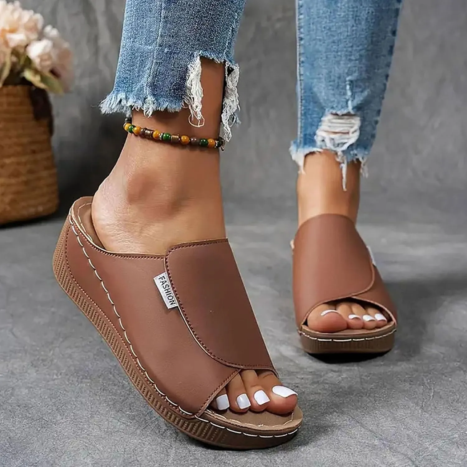 Wedge Sandals for Women Summer Dressy,Arch Support Slides Open Toe Leather Platform Orthopedic Sandals Casual Boho Slip on Beach Sandals Dress Shoes Comfortable Outdoor Walking Shoes