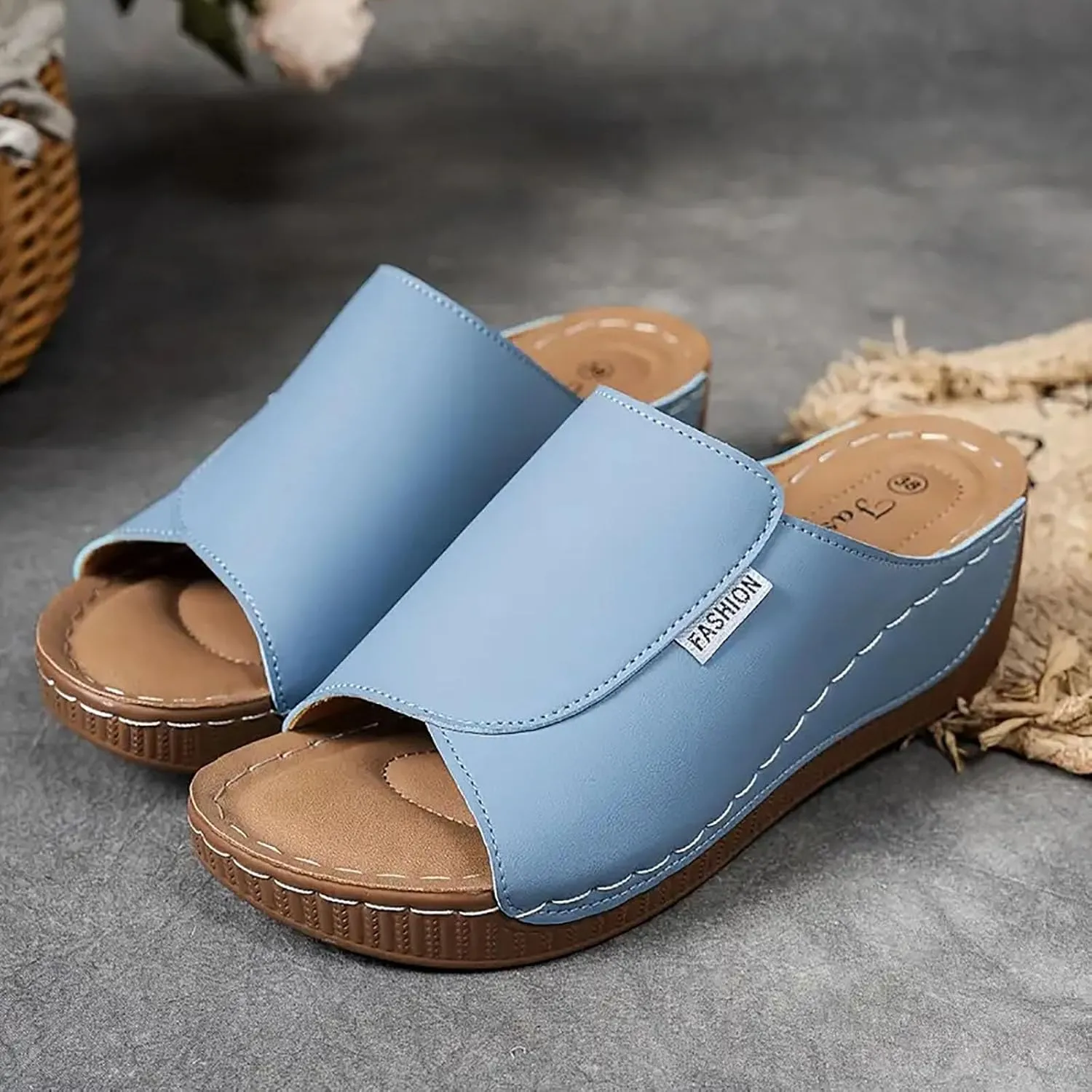 Wedge Sandals for Women Summer Dressy,Arch Support Slides Open Toe Leather Platform Orthopedic Sandals Casual Boho Slip on Beach Sandals Dress Shoes Comfortable Outdoor Walking Shoes