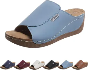Wedge Sandals for Women Summer Dressy,Arch Support Slides Open Toe Leather Platform Orthopedic Sandals Casual Boho Slip on Beach Sandals Dress Shoes Comfortable Outdoor Walking Shoes