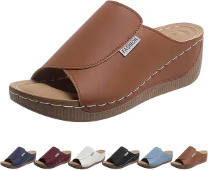 Wedge Sandals for Women Summer Dressy,Arch Support Slides Open Toe Leather Platform Orthopedic Sandals Casual Boho Slip on Beach Sandals Dress Shoes Comfortable Outdoor Walking Shoes