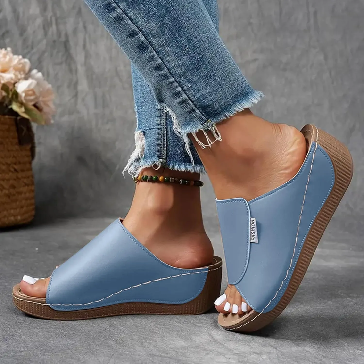 Wedge Sandals for Women Summer Dressy,Arch Support Slides Open Toe Leather Platform Orthopedic Sandals Casual Boho Slip on Beach Sandals Dress Shoes Comfortable Outdoor Walking Shoes