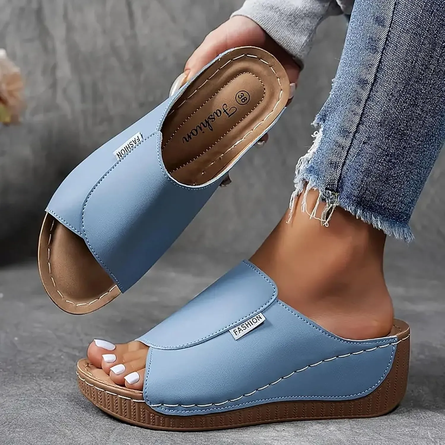 Wedge Sandals for Women Summer Dressy,Arch Support Slides Open Toe Leather Platform Orthopedic Sandals Casual Boho Slip on Beach Sandals Dress Shoes Comfortable Outdoor Walking Shoes