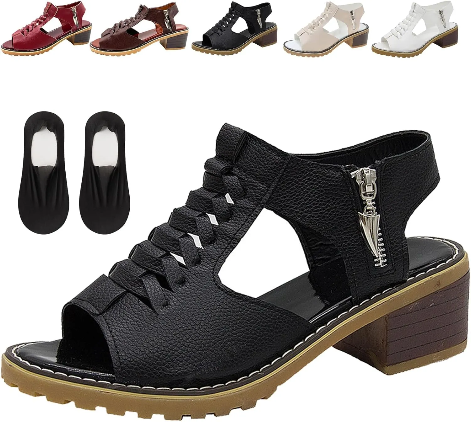 Wedges Sandals for Women,Dressy 2025 Open Toe Cutout Zipper Chunky Heeled Sandals Comfortable New Hollow Fish Mouth Slip On Summer Beach Boho Shoes Orthopedic Platform Wedges with Ankle Strap Sandal