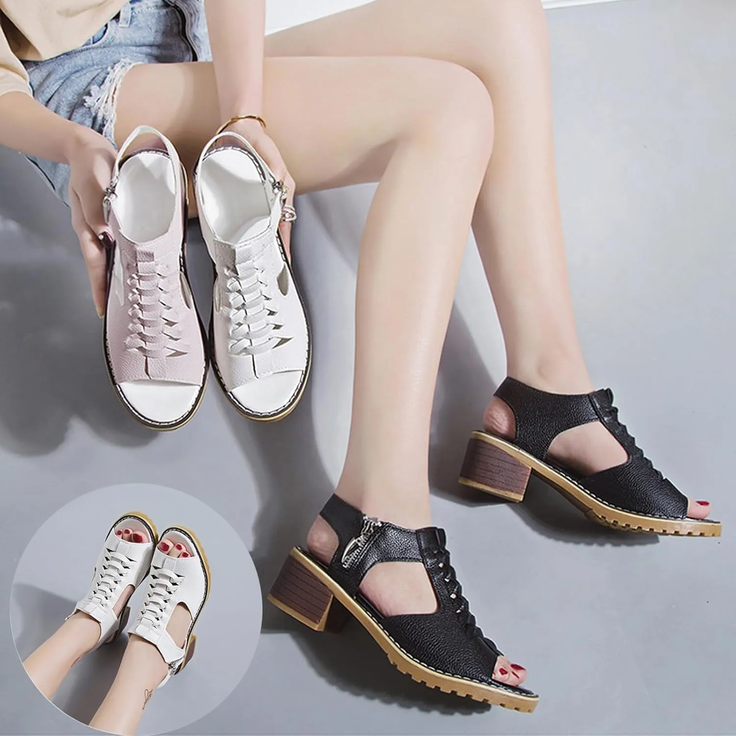 Wedges Sandals for Women,Dressy 2025 Open Toe Cutout Zipper Chunky Heeled Sandals Comfortable New Hollow Fish Mouth Slip On Summer Beach Boho Shoes Orthopedic Platform Wedges with Ankle Strap Sandal