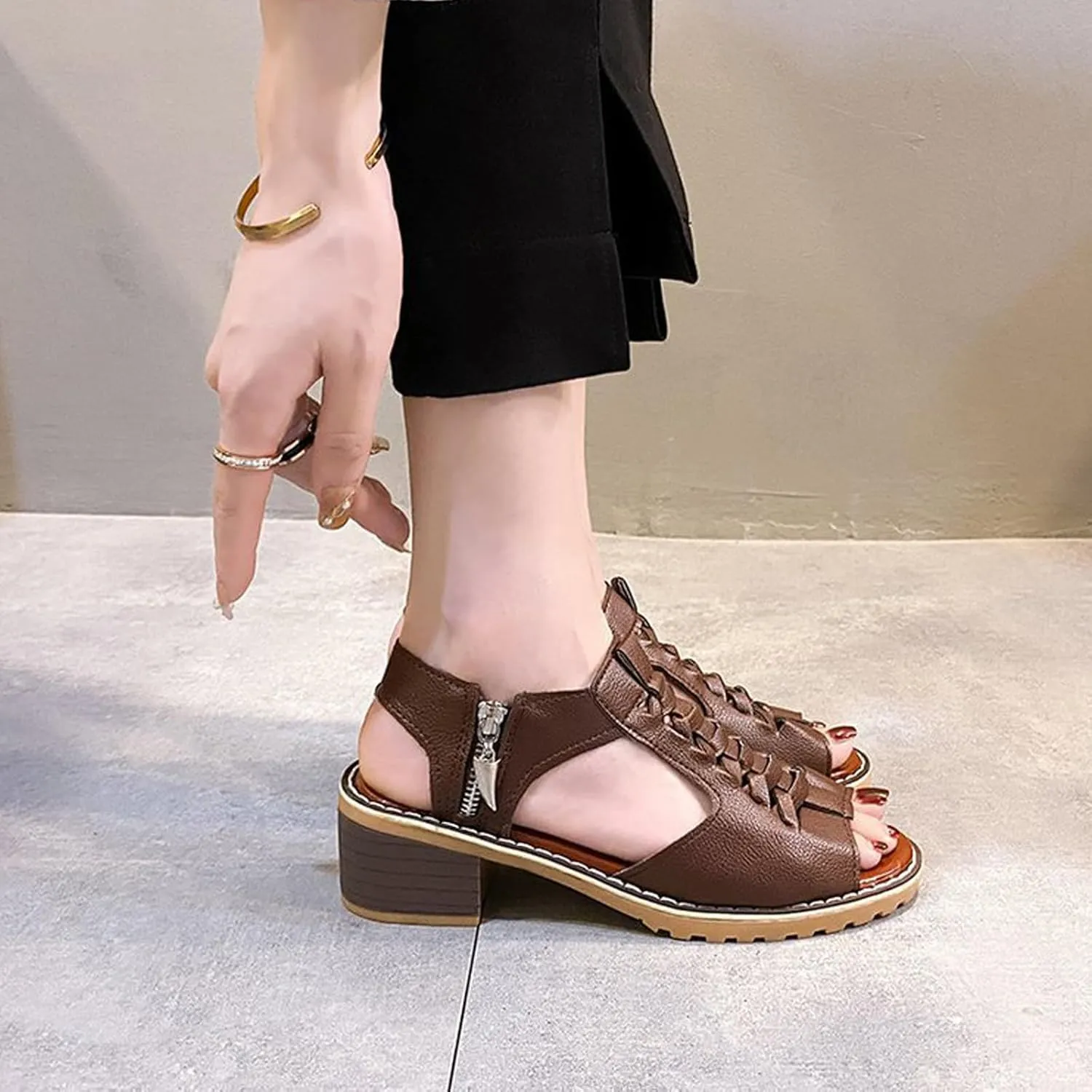 Wedges Sandals for Women,Dressy 2025 Open Toe Cutout Zipper Chunky Heeled Sandals Comfortable New Hollow Fish Mouth Slip On Summer Beach Boho Shoes Orthopedic Platform Wedges with Ankle Strap Sandal