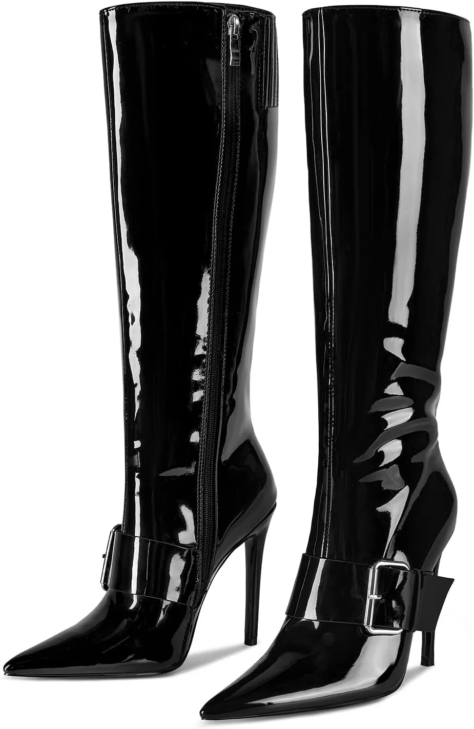 wetkiss Knee High Boots Women With Side Zipper Pointed Toe Stiletto High Heels for Narrow Feet Narrow Calf Thin calf