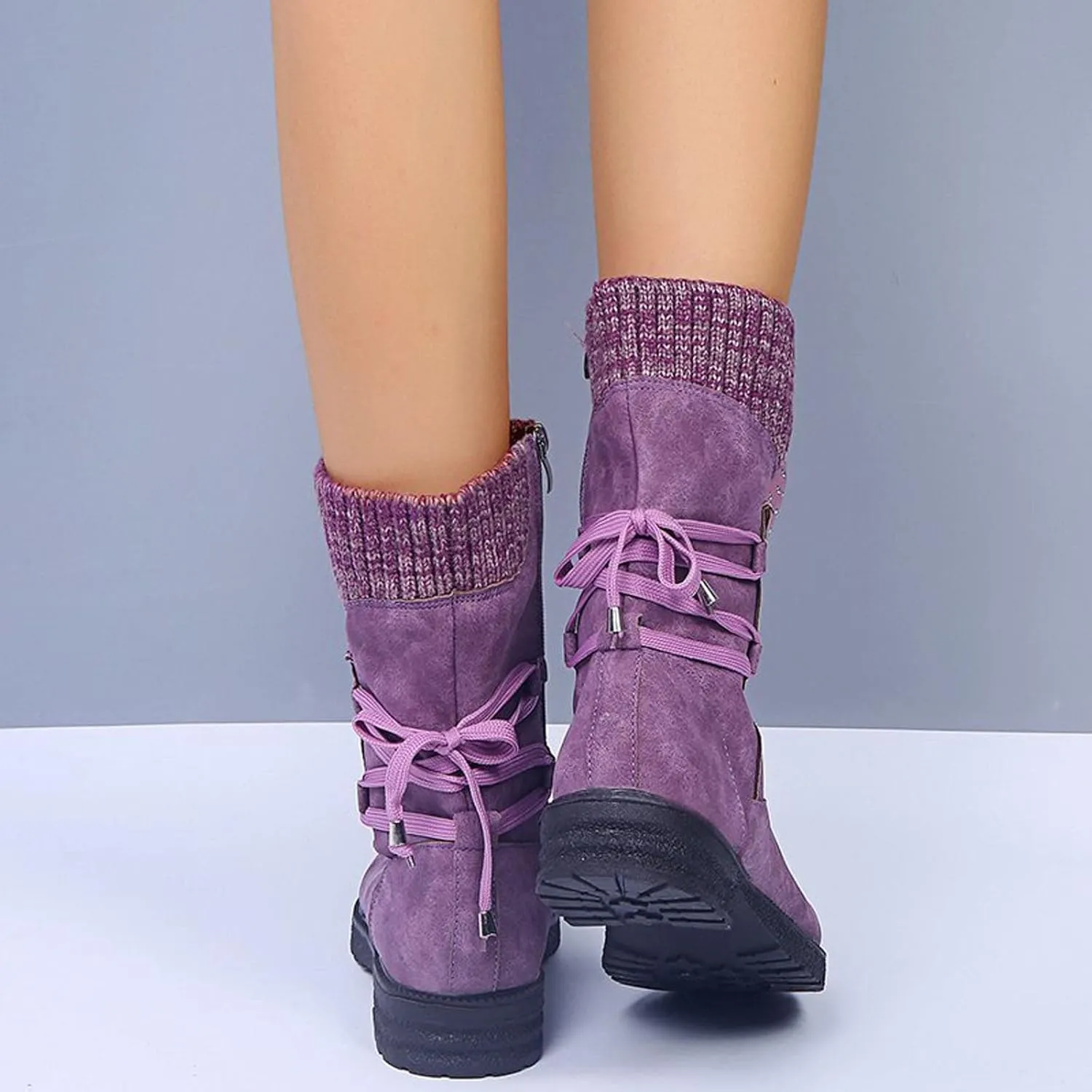 Women Ankle Boots Western Cowboy Booties Retro Suede Lace-up Side Zipper Casual Shoes Low Heels Non-slip Calf Boot