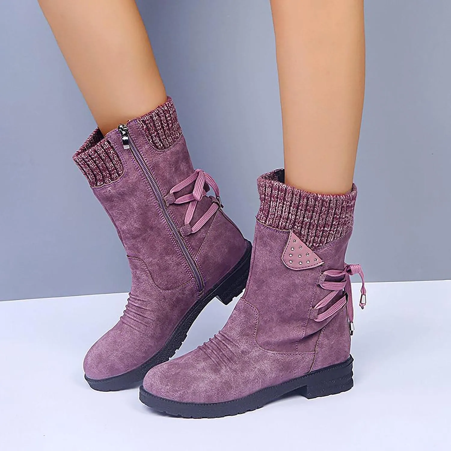 Women Ankle Boots Western Cowboy Booties Retro Suede Lace-up Side Zipper Casual Shoes Low Heels Non-slip Calf Boot