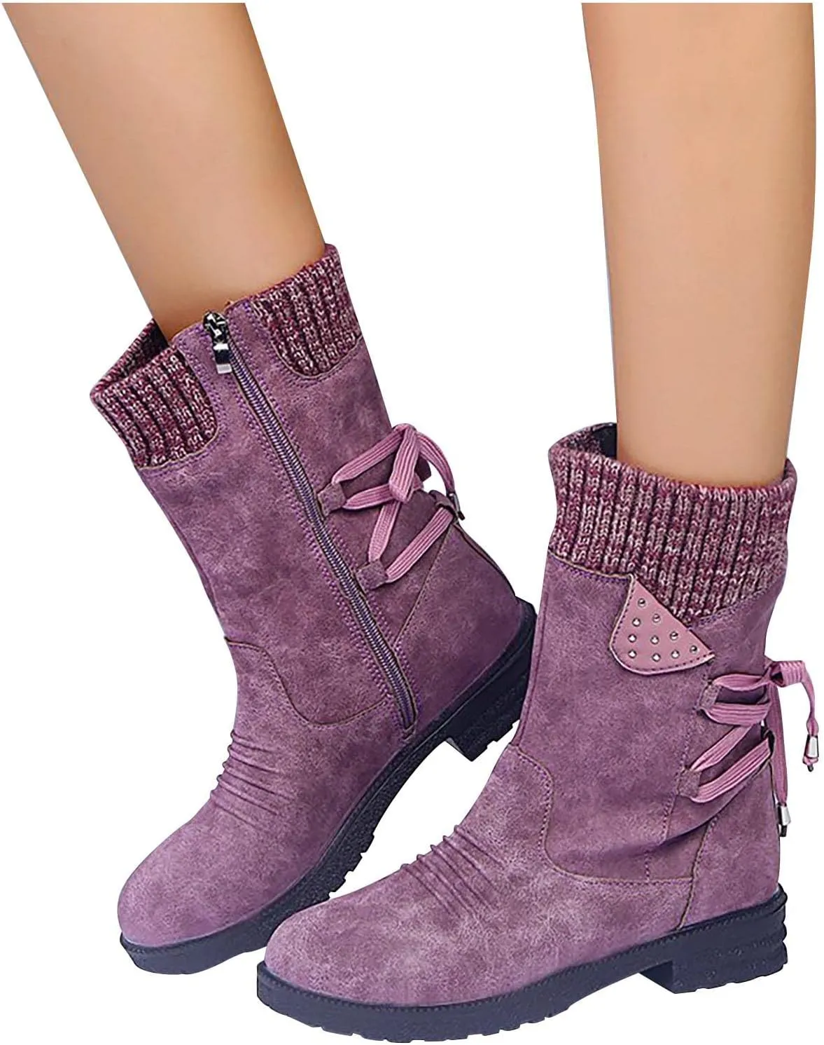 Women Ankle Boots Western Cowboy Booties Retro Suede Lace-up Side Zipper Casual Shoes Low Heels Non-slip Calf Boot
