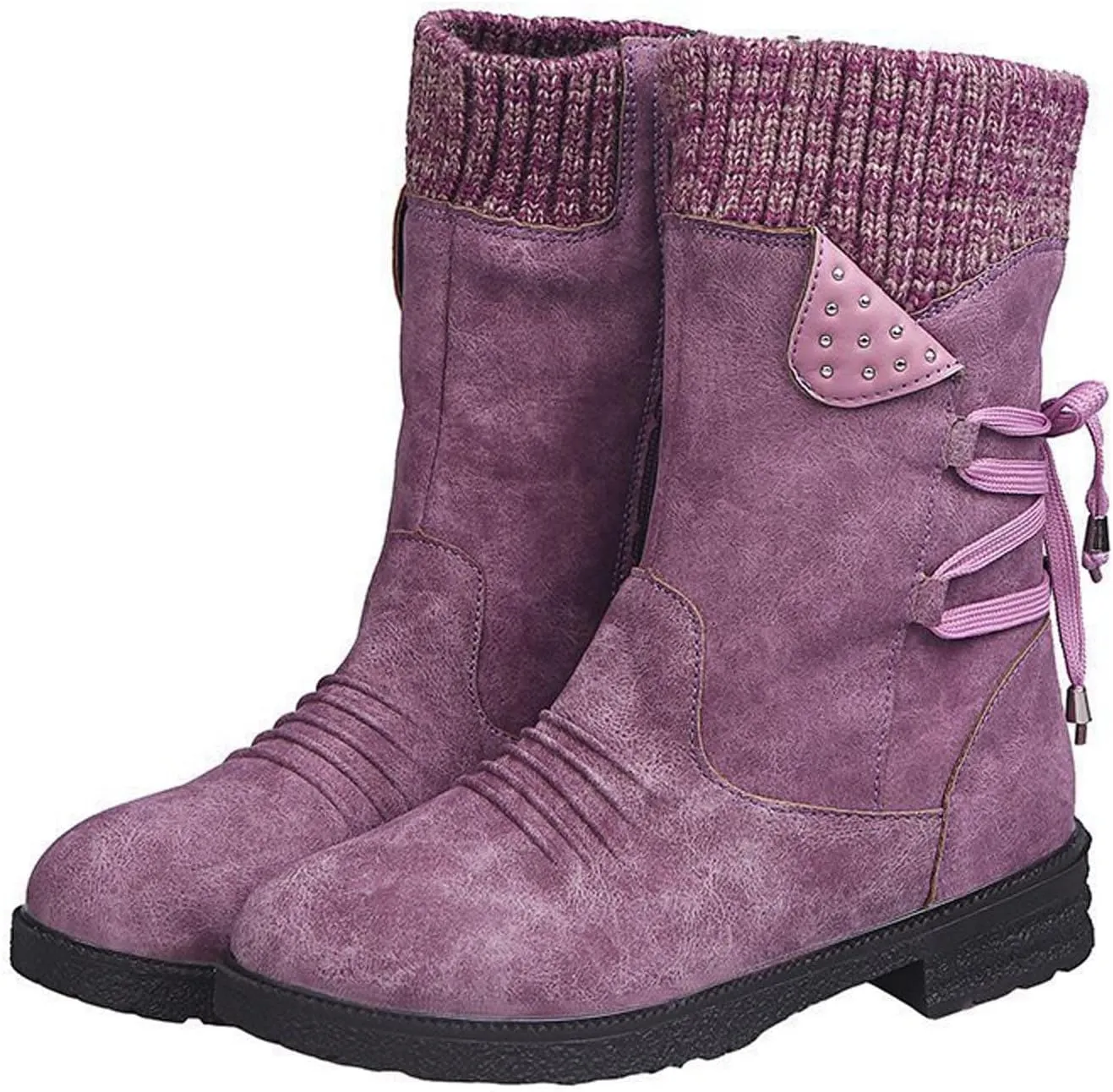 Women Ankle Boots Western Cowboy Booties Retro Suede Lace-up Side Zipper Casual Shoes Low Heels Non-slip Calf Boot