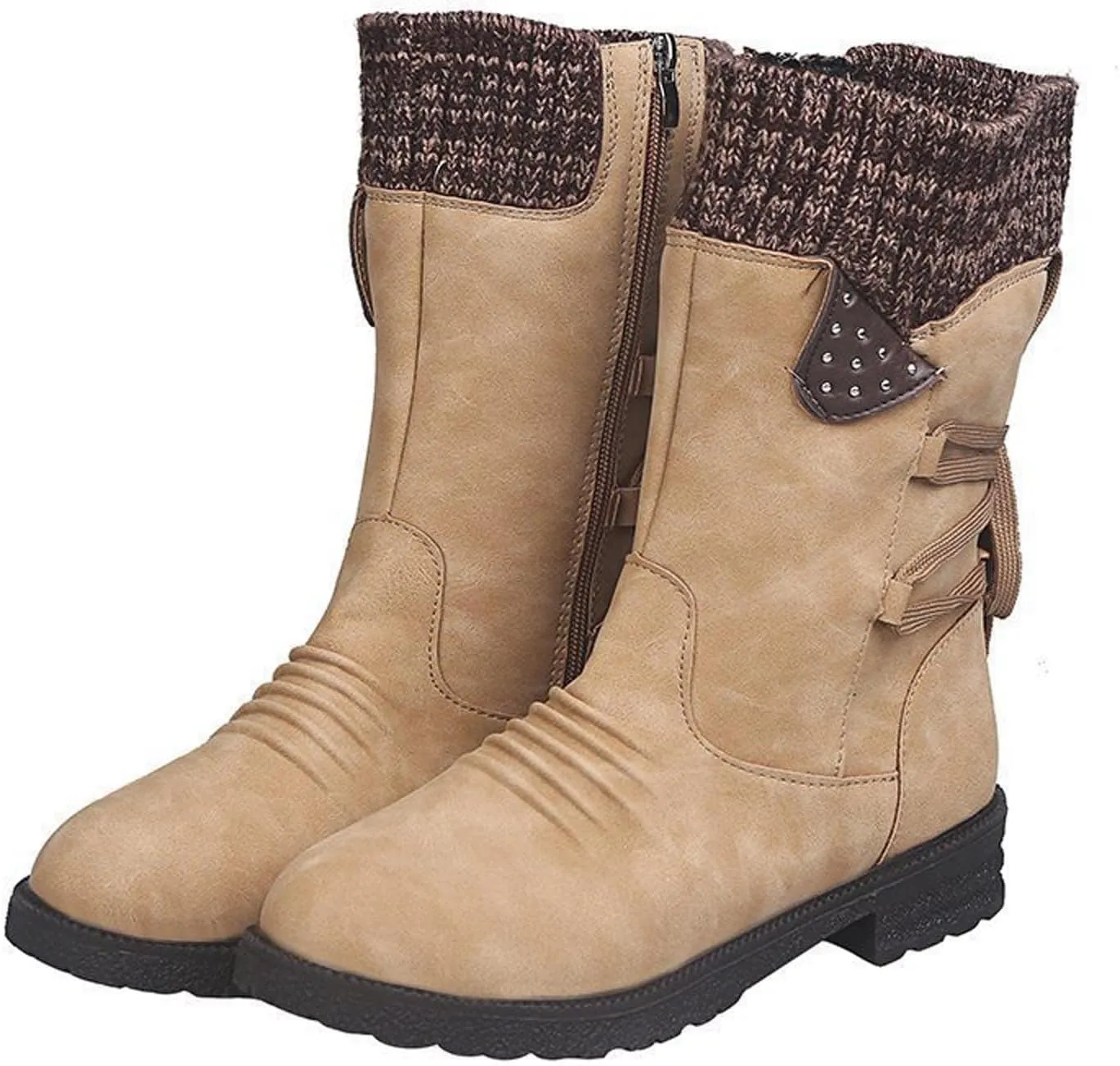Women Ankle Boots Western Cowboy Booties Retro Suede Lace-up Side Zipper Casual Shoes Low Heels Non-slip Calf Boot