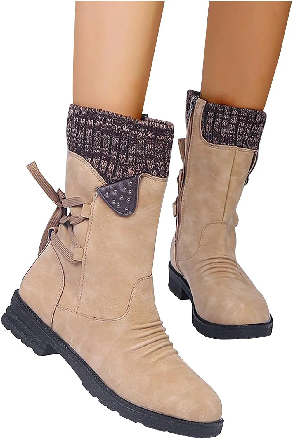 Women Ankle Boots Western Cowboy Booties Retro Suede Lace-up Side Zipper Casual Shoes Low Heels Non-slip Calf Boot