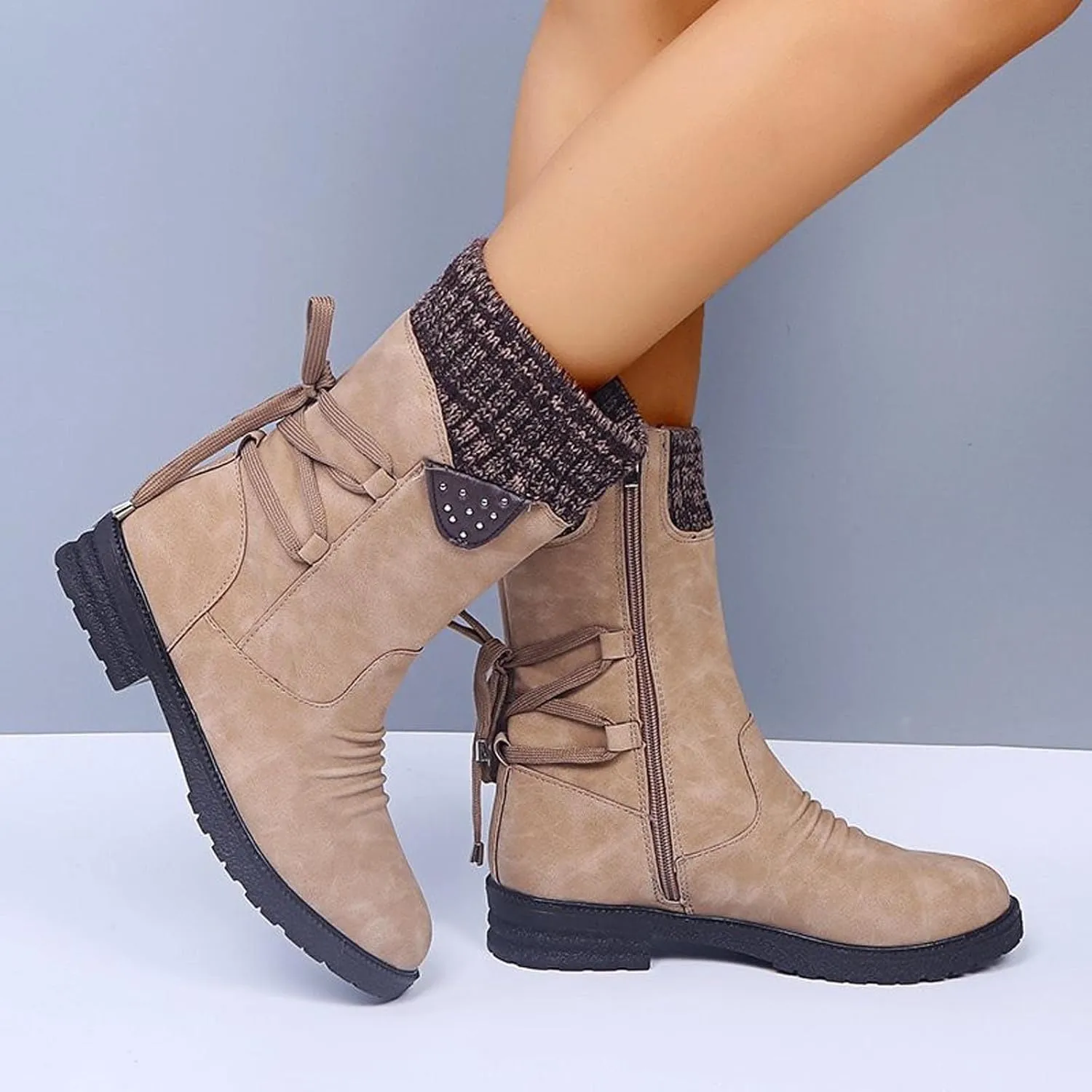 Women Ankle Boots Western Cowboy Booties Retro Suede Lace-up Side Zipper Casual Shoes Low Heels Non-slip Calf Boot